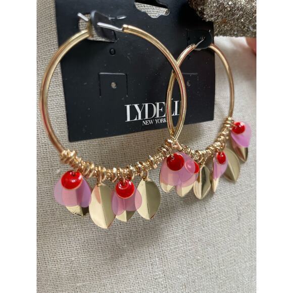 NWT LYDELL New York Hoop Earrings w/ Pink & Gold Feather/Leaf Charms - Picture 2 of 4